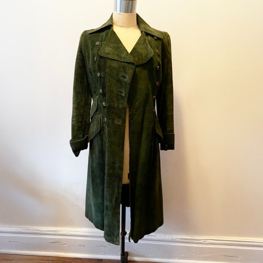 Vintage 70s long deep green suede coat | double breasted | pirate coat | hippie